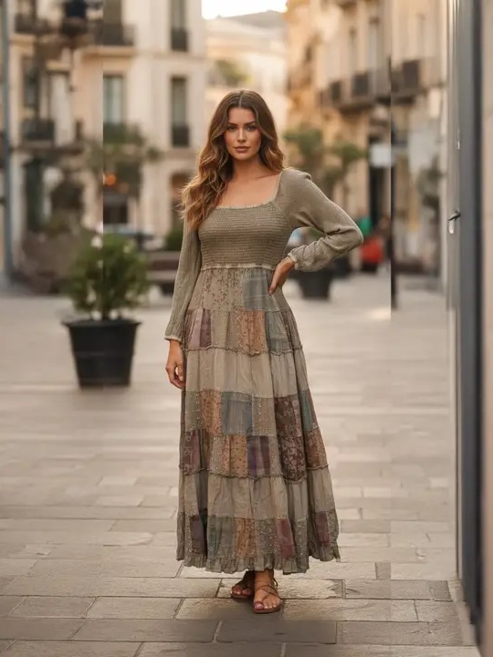 Young Threads - NWT Boho Patchwork Maxi Dress in Dark Olive Green